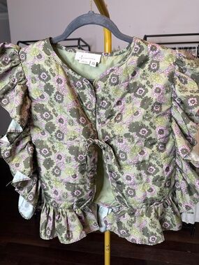 Anthropologie Olive & Lilac Floral Ruffle Tie-Front Jacket